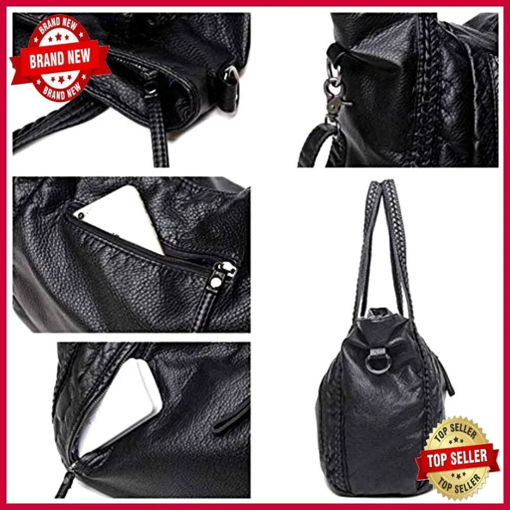 Oversized Slouchy Hobo Tote Bag with Multi-Pockets, Faux Leather